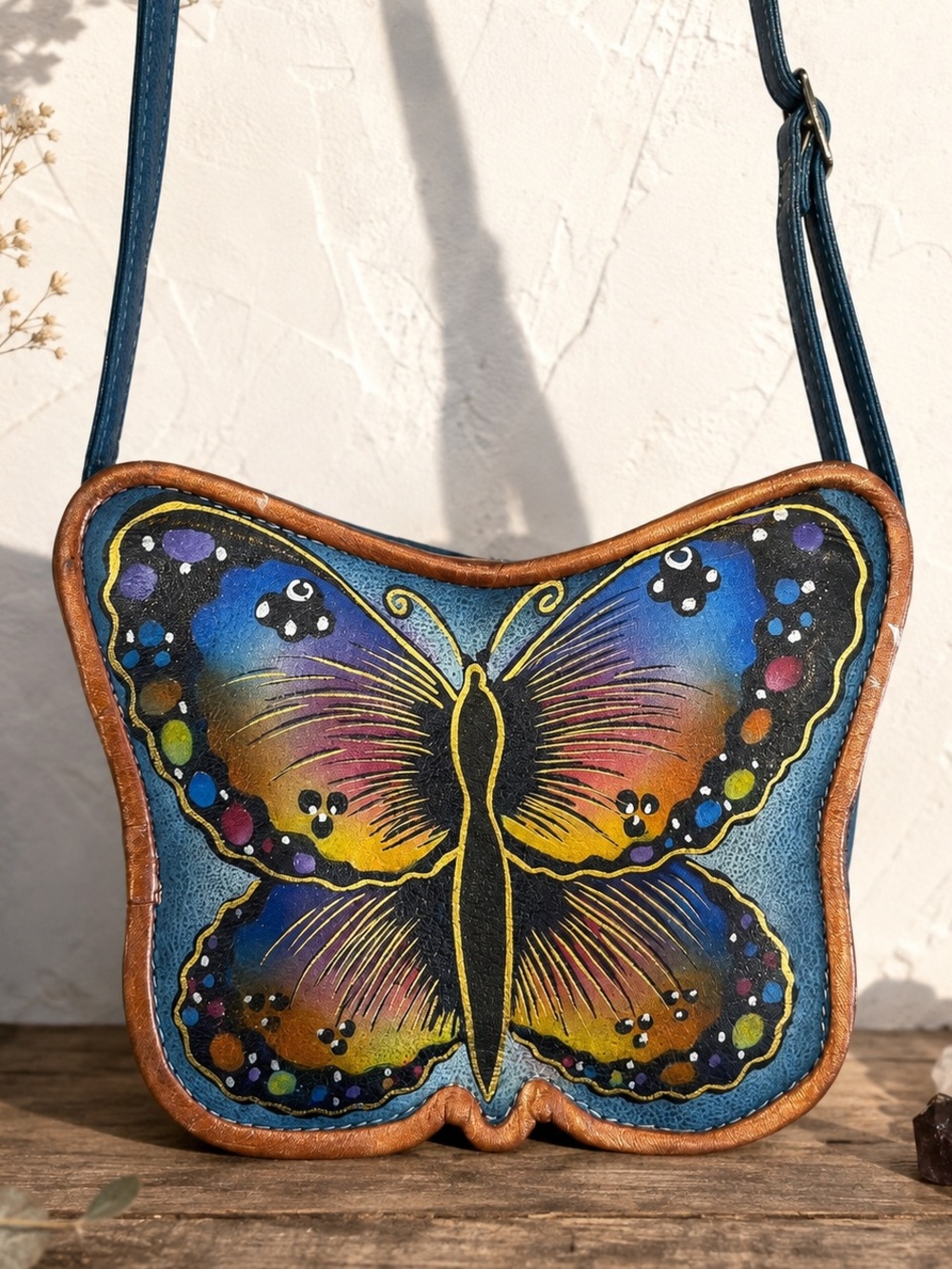 Biacci Leather Butterfly Crossbody Purse Hand Painted Boho Whimsigoth Y2K Bag